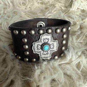 Double D Ranch Black Leather & Turquoise Cuff with Silver Studs